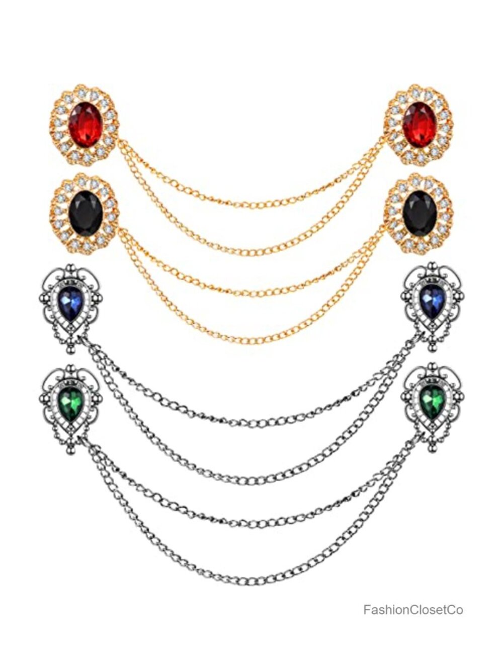 4 Pc Vintage Chain Brooch Collar Pins Sweater Shawl Cardigan Clips Lapel Pin